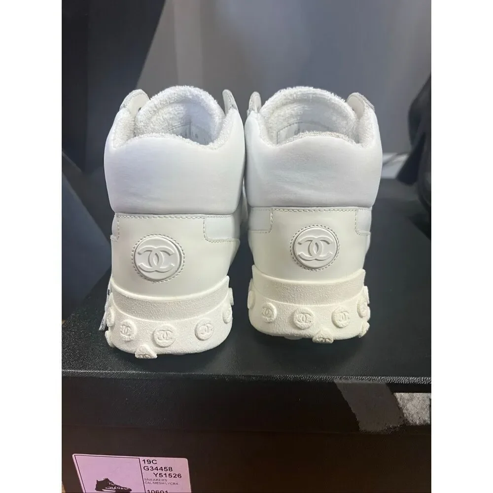 Chanel Calfskin Mesh Lycra Womens Logo High Top Sneakers size 37